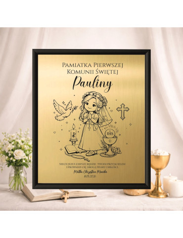 Ramka  z obrazkiem na metalu Pamiątka Pierwszej Komunii personalizowana dla dziewczynki