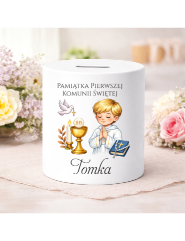 Skarbonka na Pierwszą Komunie Świętą personalizowana dla chłopca włosy jasne