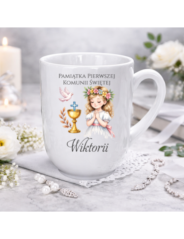 Kubek Pamiątka Pierwszej Komunii Świętej z imieniem włosy blond