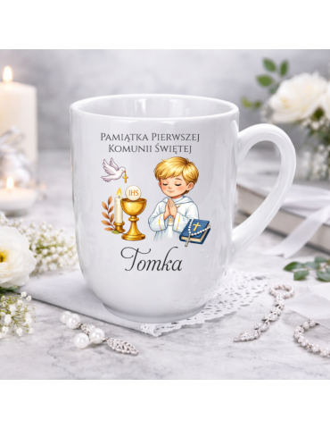 Kubek pamiątka Pierwszej komunii Świętej  z imieniem włosy blond