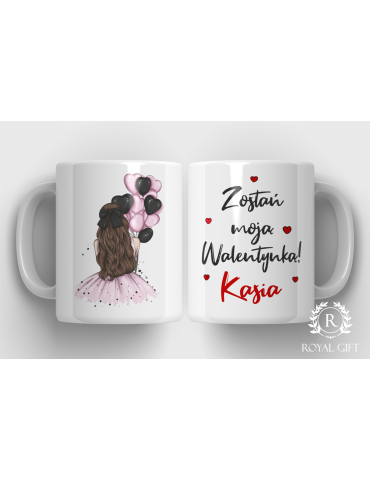 Kubek na walentynki dziewczyna z balonami ciemne włosy
