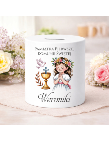 Skarbonka na Pierwszą Komunie Świętą personalizowana dla dziewczynki ciemne włosy