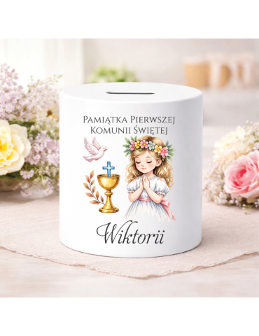 Skarbonka na Pierwszą Komunie Świętą personalizowana dla dziewczynki jasne włosy