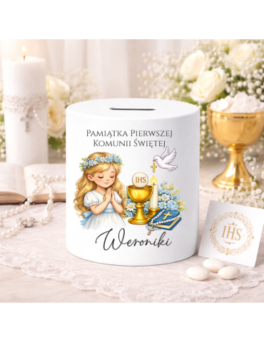 Skarbonka na pamiątke Pierwszej Komunii Świętej personalizowana dla dziewczynki blond włosy