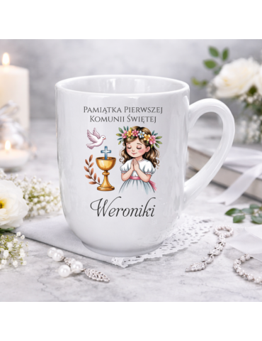 Kubek Pamiątka Pierwszej Komunii Świętej z imieniem włosy brąz